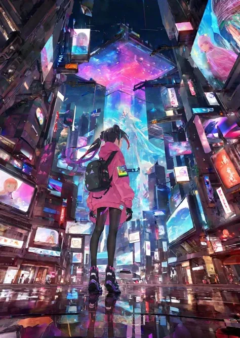 by tedineon, by reiko,
(Chiharu Shiota) colorful, dream-like, female-figures, immersive, installation, playful, Swiss, vibrant, video-art 
1girl As the protagonist stands atop the towering skyscraper, a colossal hologram of a girl fills the night sky in th...