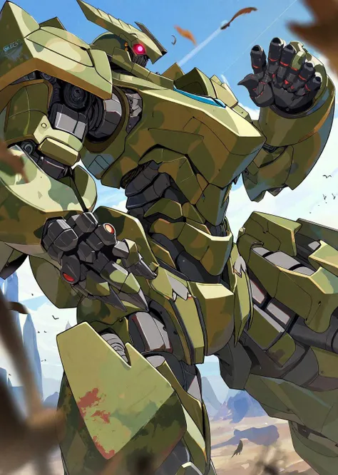 3d cel shading, 
close up , 
a giant robot looking at a bird stopped on its hand 
aged armor 
camouflage, 
fighting stance,  battle, 
 perspective 
masterpiece, best quality, high quality,