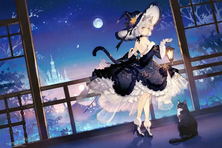 high quality, best quality, by senryoko, 1girl, cat, dress, lantern, solo, hat, yellow eyes, animal ears, short hair, bare shoulders, looking at viewer, holding, bangs, stairs, holding lantern, white hair, animal, black cat, high heels, black dress, off-sh...