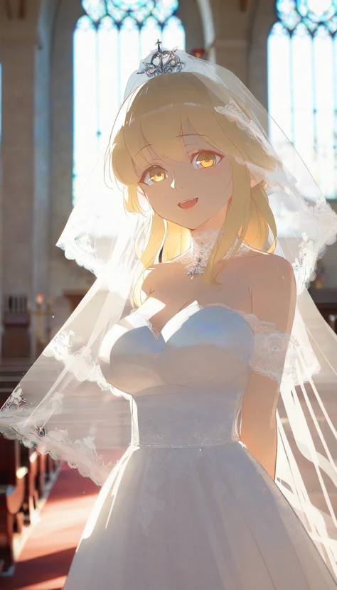 best quality,by void,cowboy shot,depth of field,1girl,solo,blonde hair,long hair,wedding dress,air bangs,yellow eyes,fang,bridal veil,seductive smile,big breasts,gorgeous wedding dress,Reach out and hold your hand on the outside of the lens.,church,indoor,...