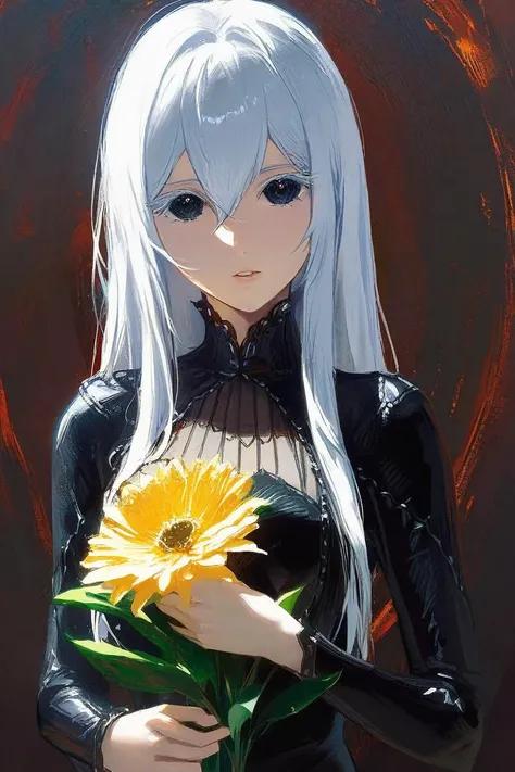 impasto, echidna, 1girl, solo, upper body, looking at viewer, parted lips, black pupils, black dress, long sleeves, vase, best quality