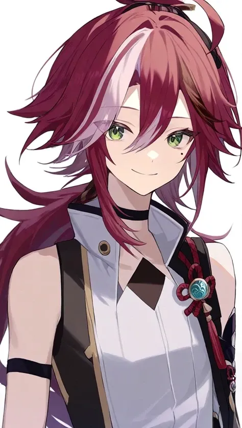 amazing quality,<lora:genshin_all:1>,shikanoin heizou, 1boy, male focus, green eyes, solo, kurokote, red hair, looking at viewer, streaked hair, hair between eyes, mole under eye, white background, closed mouth, simple background, black choker, sleeveless,...