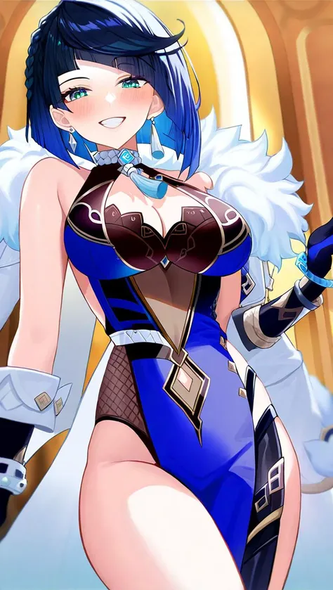 amazing quality,<lora:genshin_all:1>, yelan (genshin impact), 1girl, solo, cleavage, looking at viewer, bare shoulders, earrings, mismatched gloves, black gloves, bracelet, jacket on shoulders, blush, sleeveless, white jacket, single elbow glove, blue dres...