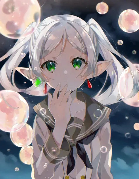 amazing quality, by omutatsu, 1girl, solo, frieren, serafuku, green eyes, white hair, elf, upper body, night sky, <lora:omutatsu:1>, glowing, bubble air