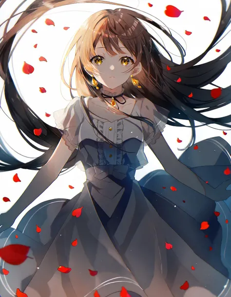 amazing quality, by omutatsu, 1girl, solo, long hair, dress, earrings, jewelry, looking at viewer, white dress, frills, petals, short sleeves, white background, closed mouth, very long hair, simple background, yellow eyes, floating hair, bangs, <lora:omuta...