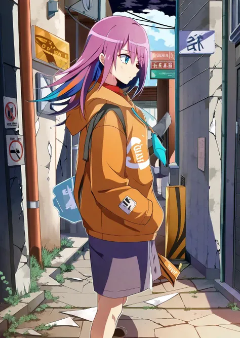 by harayutaka
a woman with medium-length colorful hair wearing hoodie walking under a broken sign in an alleyway
close up
 gradient
beautiful, aesthetic, detailed, beautiful color
amazing quality, best quality, high quality