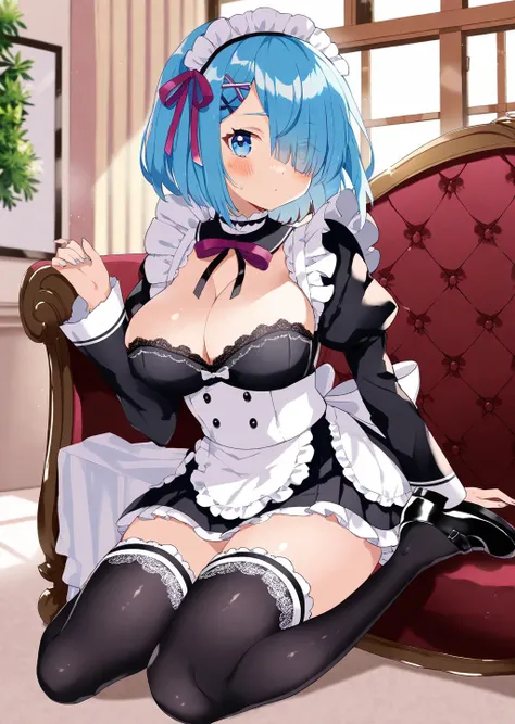 by  eku uekura
rem_(re:zero)
1girl, sofa
black_footwear blue_eyes blue_hair blush breasts cleavage detached_sleeves eyes_visible_through_hair frilled_sleeves frills hair_ornament hair_over_one_eye hair_ribbon large_breasts looking_at_viewer maid maid_headd...