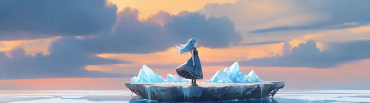 by marusin,<lora:overexposure:0.7>, overexposure, (by wlop, by nixeu:0.8), cinematic color grading, masterpiece, best aesthetic,
a cute chibi girl with long blue_hair and blue_eyes, she is standing on a floating ice platform with blue sky and clouds
contem...