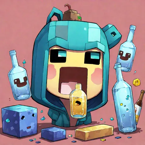 Minecraft style <lora:xl_katyusha_chug_(meme):1>,1 emoji,drinking,hood,solo,bottle,blush,masterpiece,best quality,<lora:Emojis:1>,Emoji, . Blocky, pixelated, vibrant colors, recognizable characters and objects, game assets