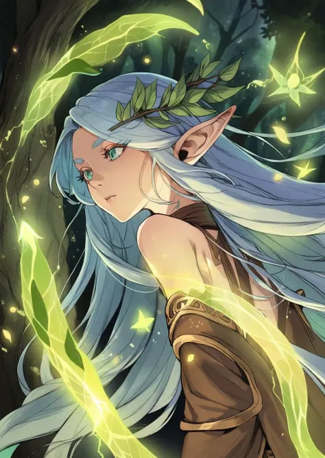 by demizu posuka
1girl , druid,   elf,   
detailed face 
casting spells
long hair
wind
glowing particles
fantasy, 
shadows
dramatic lighting 
detailed  
forest
amazing quality, best quality, high quality