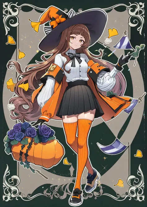 by omao,
1girl
animal_ears black_footwear black_gloves black_headwear black_skirt bow breasts brown_eyes brown_hair   closed_mouth flower full_body ginkgo_leaf gloves hand_up hat hat_bow hat_flower jacket leaf long_hair long_sleeves looking_at_viewer open_...