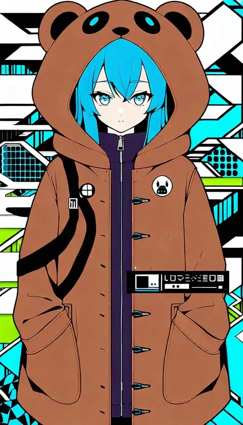 flat color, 1girl, well-favored, luscious, Cryptographic, 
Oversized teddy bear coat with a hood and a relaxed, cozy fit, clothing designed by Kenichi Yoshida (Character Designer), 
close up, 
beautiful color, aesthetic, detailed, amazing quality, best qua...