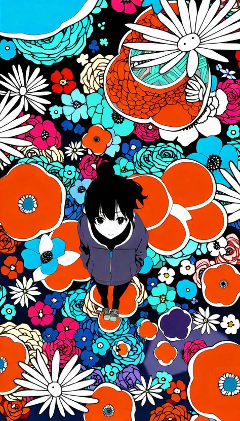 flat color, 1girl, gorgeous, enchanting, Mysterious, 
Bomber jacket in a vibrant floral print, clothing designed by Hayao Miyazaki, 
perspective from above, 
beautiful color, aesthetic, detailed, amazing quality, best quality, high quality,