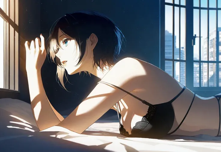 by nocopyrightgirl, by rella, by makoto shinkai, by Ilya Kuvshinov,
1girl, solo, detailed face, parted lips, detailed hair, super model,
lying on the bed, looking away, perfect anatomy,
from side, 
Strappy cage bra with matching strappy panties,
appealing,...