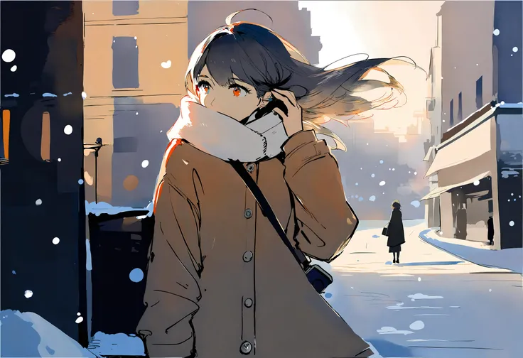 (
by rella,
(pencilart:1.2), (watercolor:0.8), (sketch:1.1),
1girl, solo, 
a smartphone, casual winter wear, 
calm winter city, snow,
beautiful, aesthetic, detailed, 
amazing quality, best quality, high quality, 
:1.2)