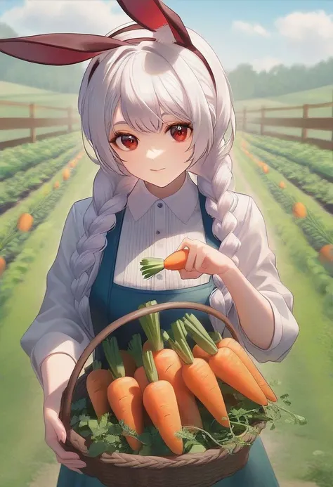 Anime art, Gardener girl, holding a basket of carrots, white hair, double braids, bunny ears