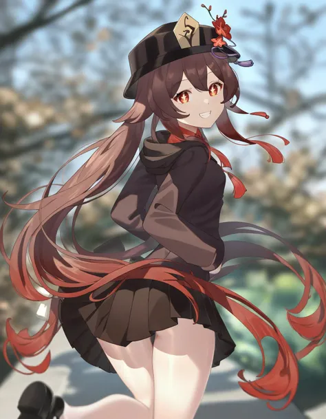 hu tao (genshin impact), 1girl, standing on one leg, from behind, bare legs, solo, looking at viewer, smile, brown hair, red eyes, long sleeves, twintails, very long hair, school uniform, flower, thighs, pleated skirt, looking back, black skirt, black foot...