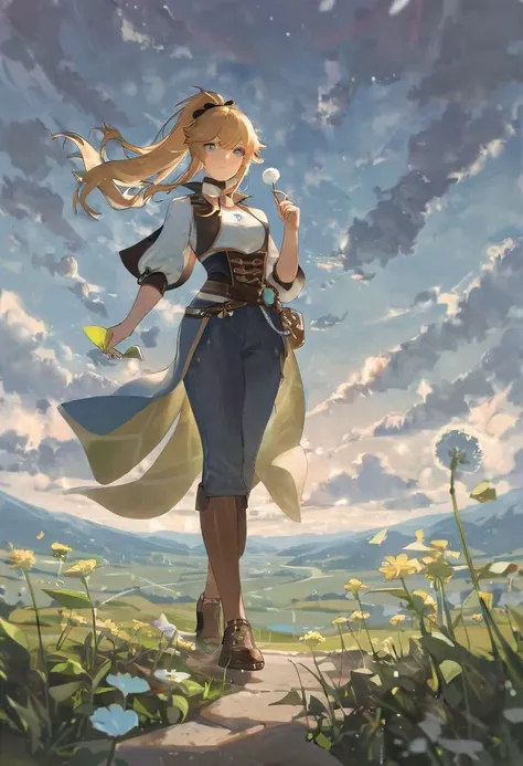 1girl, full body, looking at viewer, beautiful eyes, front view, Jean Genshin Impact, Blonde hair, ponytail, holding a dandelion flower, windy, detailed , beautiful color,detailed,aesthetic,(amazing quality:1.5),masterpiece,best quality, rtx