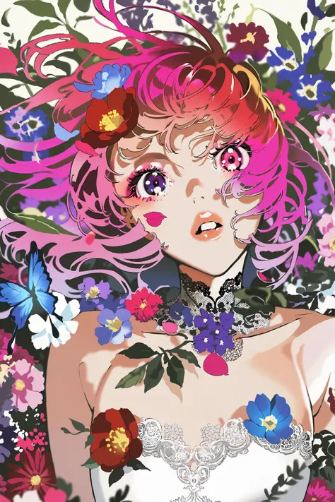 best quality, aesthetic, detailed, by yoneyama mai, colorful, 1girl, solo, upper body, looking at viewer, parted lips, multicolored eyes, pink eyes, one eye covered, flower over eye, eyelashes, long hair, pink hair, red hair, floating hair, multicolored ha...