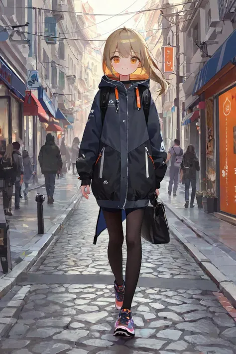 masterpiece,best quality,ultra detailed,by antifreeze3,(1girl:1.2),girl walking on street,facing viewer,female focus,slight smile,