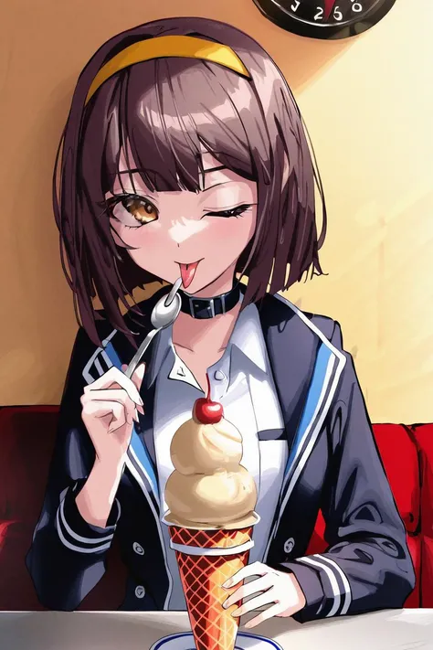 by roitz, suzumiya haruhi, 1girl, ;q, belt, black belt, black jacket, bob cut, brown eyes, brown hair, casual, collarbone, food, hair ribbon, hairband, holding, holding food, holding spoon, ice cream, ice cream cone, ice cream spoon, jacket, looking at vie...