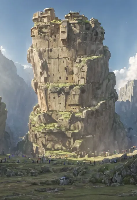 a close up of a large rock tower in a mountain