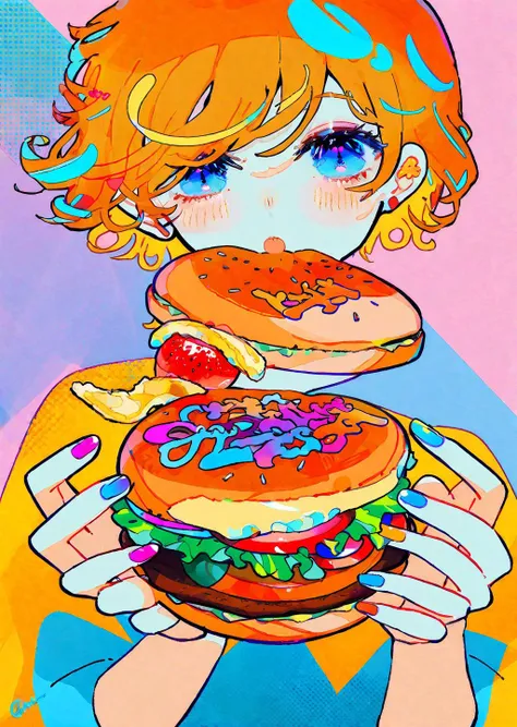 (by sannso, )
1girl
orange bobcut
eating burgers