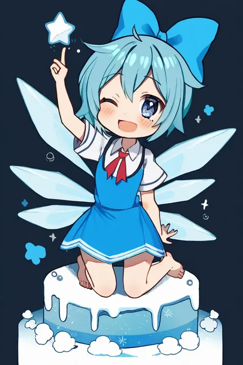 cirno, 1girl, arm up, barefoot, blue bow, blue dress, blue eyes, blue hair, blush, bow, chibi, collared shirt, detached wings, dress, fairy, hair bow, ice, ice wings, looking at viewer, one eye closed, open mouth, shirt, short hair, short sleeves, smile, s...