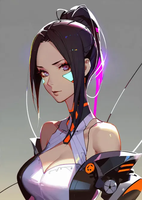 by ask,  
1girl,  cyborg,
detailed face 
long black hair
kimono, cleavage 
mainframe
tubes
wires
detailed
mechanical