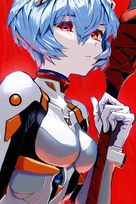 by roitz, ayanami rei, 1girl, solo, plugsuit, red eyes, blue hair, short hair, red background, white bodysuit, holding, looking at viewer, bodysuit, upper body, breasts, hair between eyes, bangs, holding weapon, closed mouth