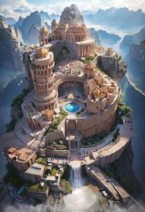 a large castle surrounded by mountains and a pool