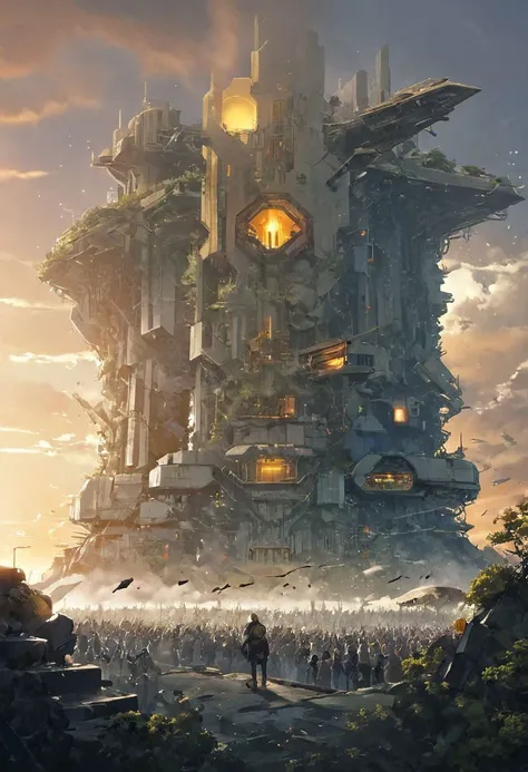 a painting of a giant tower with people standing in front of it