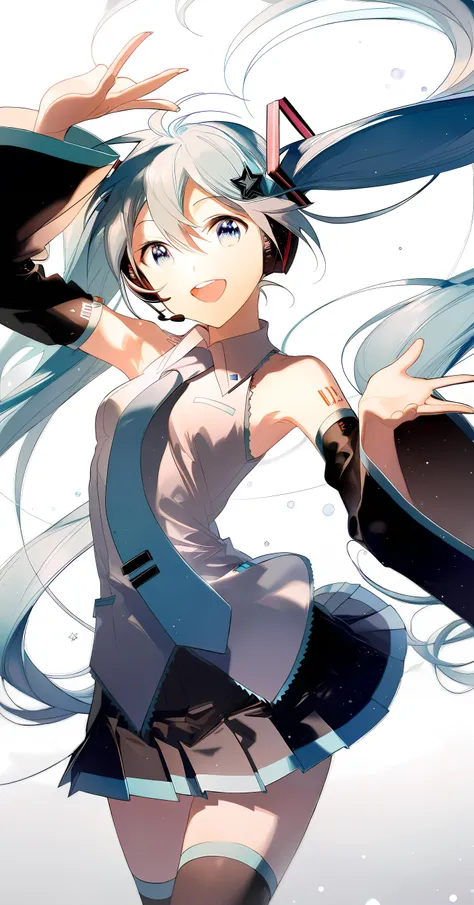 by rella, amazing quality, masterpiece, best quality, absurdres, beautiful, detailed shadow, aesthetic, 1girl, solo, hatsune miku, long hair, detached sleeves, twintails, very long hair, open mouth, shirt, black skirt, smile, sleeveless shirt, blue necktie...