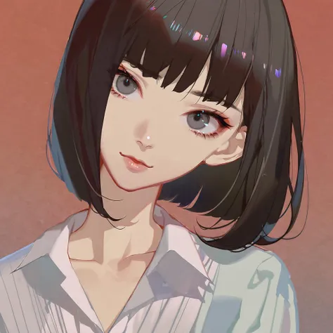 anime girl with black hair and blue eyes in a white shirt