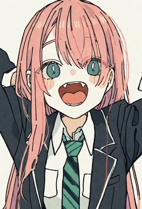 by tsvbvraa masterpiece with best quality, detailed 4k illustration,(flat_color:0.8),1girl,,solo, long hair, pink hair, open mouth, (fang), necktie,  v, smile, jacket, open mouth, school uniform, looking at viewer, green necktie, upper body, simple backgr...