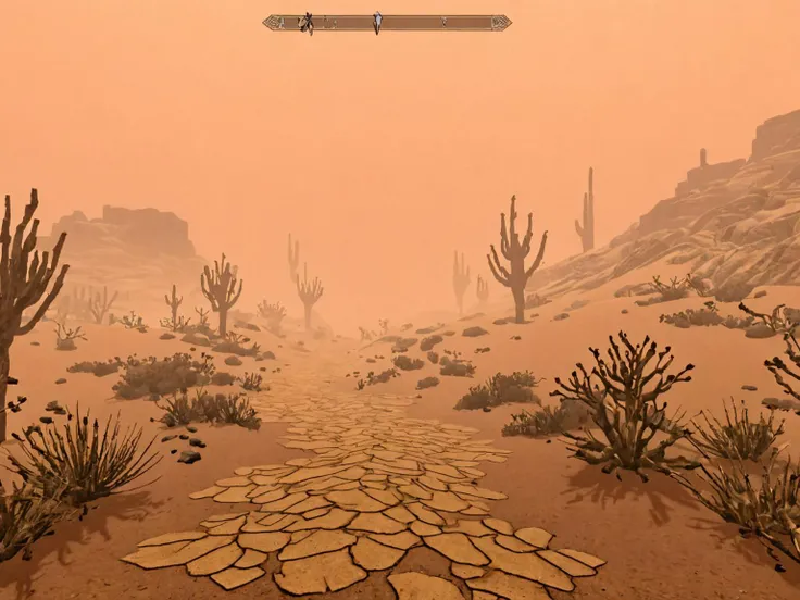 videogame screenshot of a desert area, foggy, , videogame screenshot  <lora:Skyrim_Style_XL>