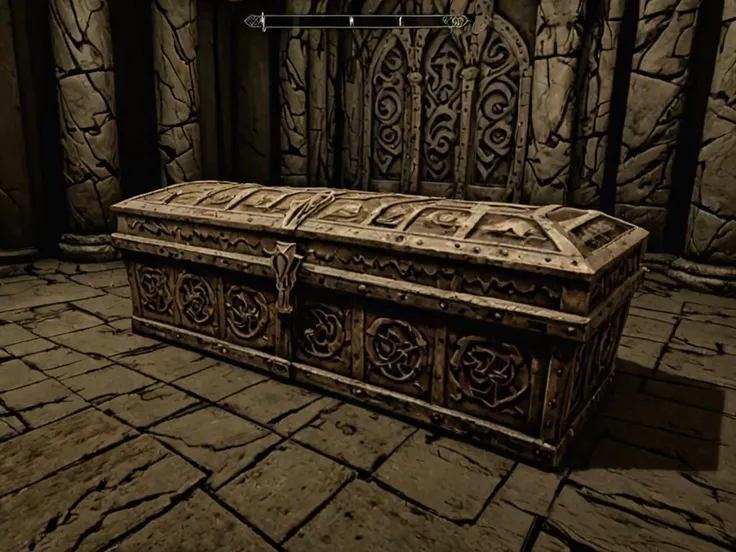 a close up of a chest in a room with stone walls