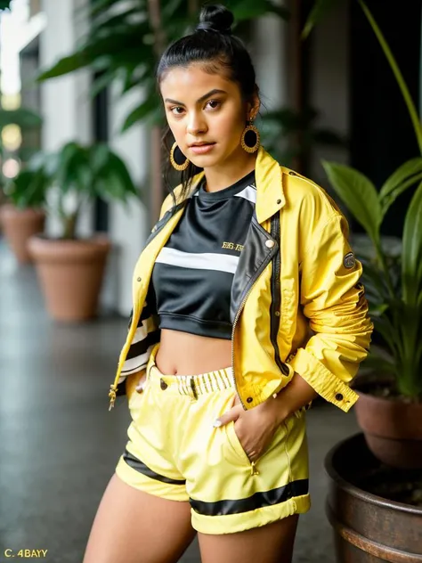 Realistic photo of a beautiful c4m1l4m woman, 1girl,solo,black hair,jewelry,jacket,pantyhose,earrings,shorts,striped,single hair bun,plant,realistic,yellow shortst, soft lighting, professional Photography, Photorealistic, detailed, RAW, analog, sharp focus...