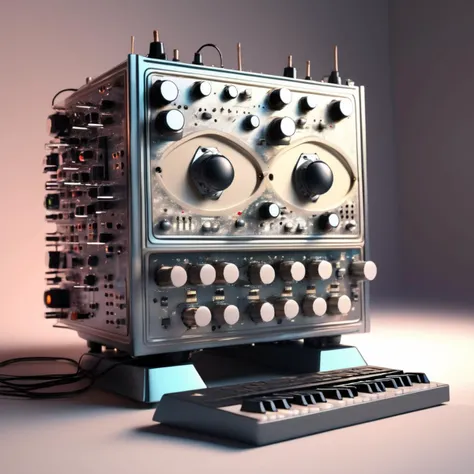 An intimate shot of a Dappled Light photo of a very cute computer made from modular synthesizers, analog synthesizer robot, c4d render, tenebrism, optical art,