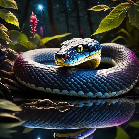 An intimate shot of a Dappled Light photo of close up view of Fierce Snake  [drinking water] next to a pristine lake in a magical forest full of colorful flora. dreamlike atmosphere, night sky filled with the milky way galaxy <lora:offset_0.2:.1>, [f/16, s...