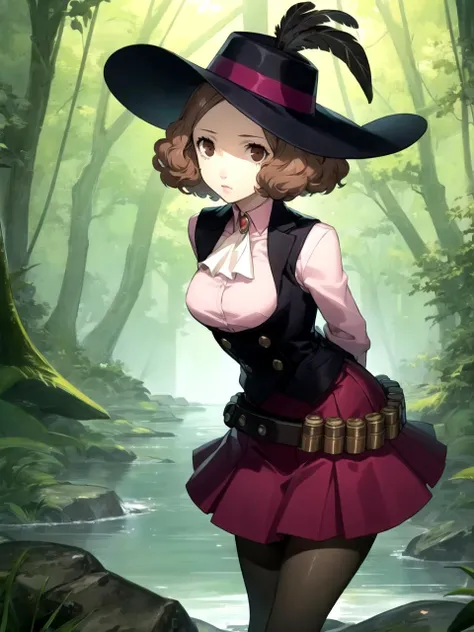 masterpiece, best quality, 1girl, solo, dsnoir, brown hair, short hair, brown eyes, pink shirt, ascot, skirt, vest, hat, hat feather, pantyhose, bandolier, purple gloves, arms behind back, towering trees, lush vegetation, moss-covered rocks, glistening str...