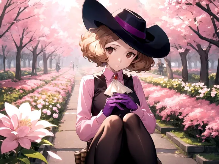 masterpiece, best quality, 1girl, solo, dsnoir, brown hair, short hair, brown eyes, pink shirt, ascot, vest, hat, pantyhose, bandolier, purple gloves, knees to chest, sakura trees, white flowers, blossoming, serene, cherry blossom season, calm, Asian influ...