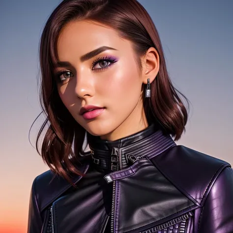 a closeup photo of LeilaAI, standing on a black mountain top, pointy ears, natural skin texture, (detailed, intricate [black | purple] leather jacket, high neck blouse:1.3), [red | blue eyes], eyeshadow, [silver | blue | purple hair], flirting with camera,...