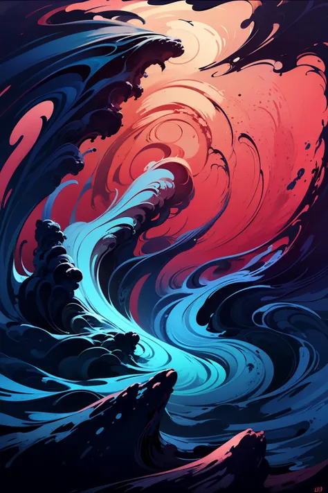 a painting of a wave with a red sky in the background