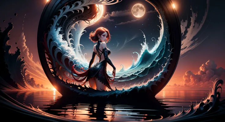 a woman standing in a circular shaped hole with a full moon in the background