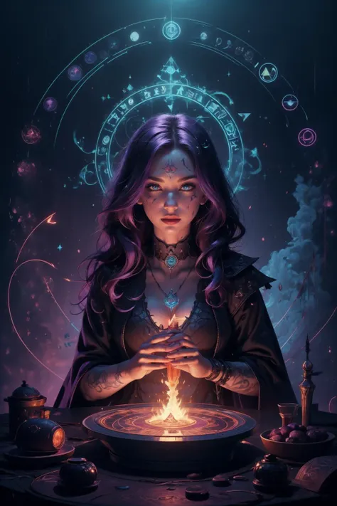 a woman with purple hair and a black dress holding a magic ball