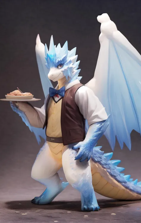 a close up of a toy dragon holding a plate of food