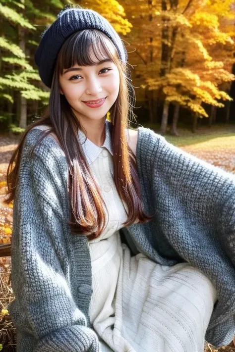 1girl,(wearing a cardigan and long skirt:1.2),(wearing a wooly beret),(RAW photo, best quality), (realistic, photo-realistic:1.4), masterpiece, an extremely delicate and beautiful, extremely detailed, 2k wallpaper, Amazing, finely detail, extremely detaile...