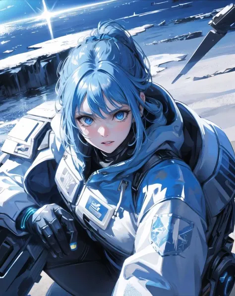 biopunk, 1girl, armored, detailed background, blue eyes, ice planet, cyberpunk, ocean planet