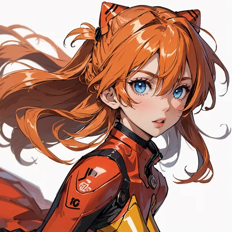 (best masterpiece:1.4,best quality:1.2,ultra detailed), 1girl,souryuu asuka langley,solo, blue eyes,long hair,orange hair,floating hair,bangs,hair between eyes,lips,breasts, red bodysuit,pilot suit, looking at viewer, white background, simple background, D...